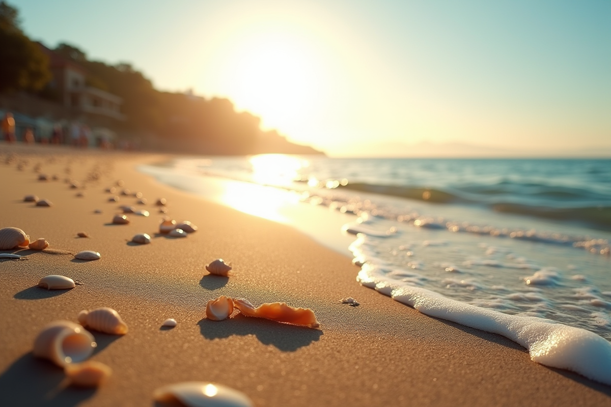 Matin serein à la plage d'Agay avec soleil doré et vagues méditerranéennes