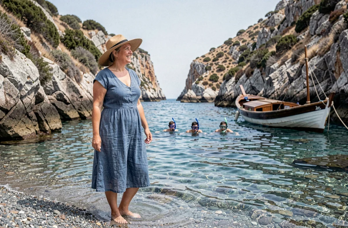 Femme et adolescents profitant d'une plage de galets isolée à Limeni sur la péninsule du Magne en Grèce