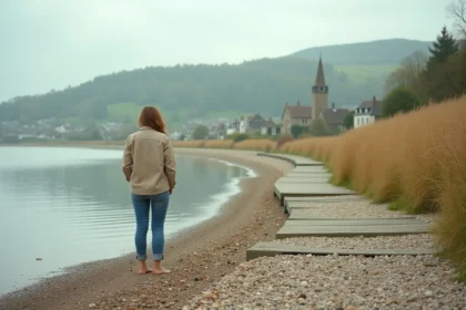 Femme seule contemplant la plage des marais de Pennedepie en Normandie, avec des roselières dorées et des collines verdoyantes en arrière-plan