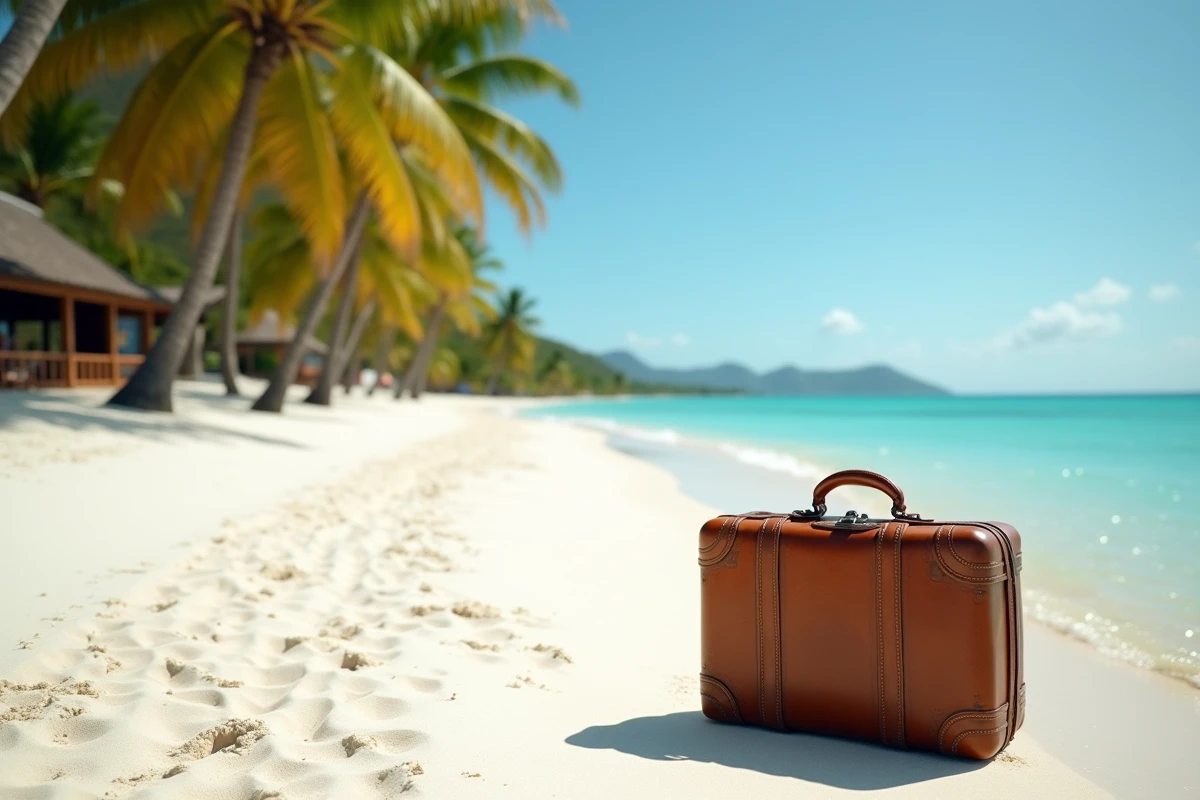 Plage tropicale de la République Dominicaine avec valise de voyage symbolisant l'arrivée depuis Lyon