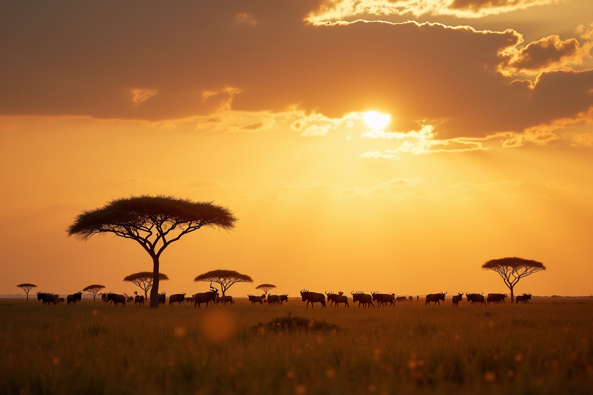 Plainte du Serengeti avec animaux au coucher de soleil