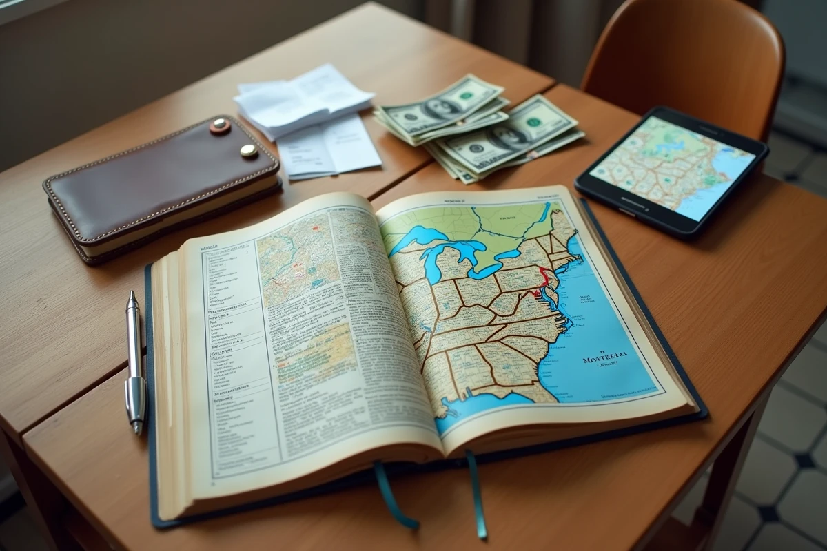 Atlas routier et carnet de budget pour planifier le trajet en voiture de Montréal à New York