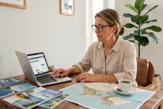 Femme planifiant une croisière aux Antilles françaises sur son ordinateur avec des brochures et une carte des Caraïbes