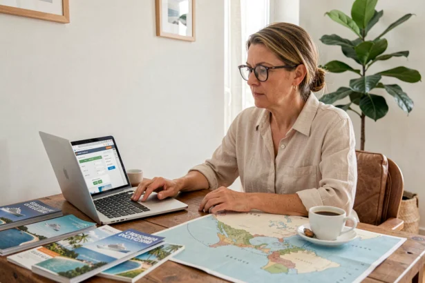 Femme planifiant une croisière aux Antilles françaises sur son ordinateur avec des brochures et une carte des Caraïbes