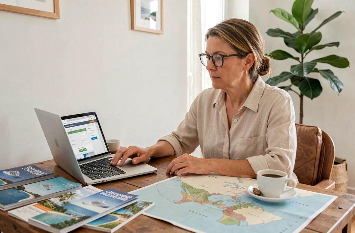 Femme planifiant une croisière aux Antilles françaises sur son ordinateur avec des brochures et une carte des Caraïbes