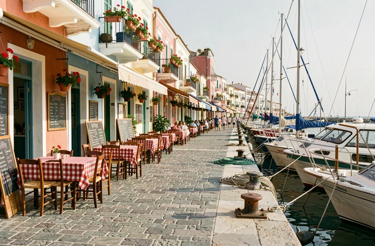 Port animé d'une île grecque avec tavernes colorées, bateaux de pêche et terrasses de café au bord du quai
