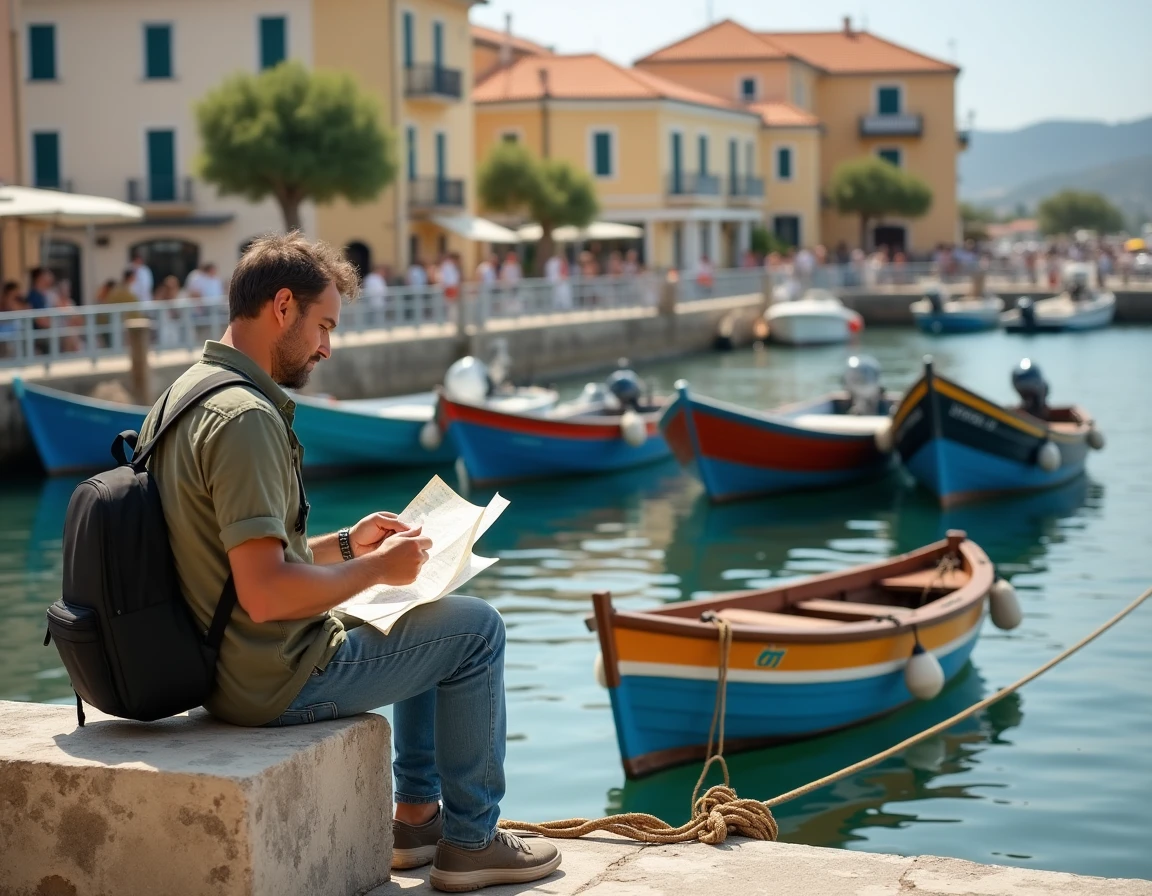 Voyageur solo assis sur le port de Chalki étudiant une carte, avec des bateaux colorés et des bâtiments néoclassiques en arrière-plan