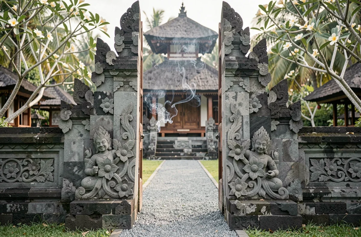 Porte fendue candi bentar du temple Taman Ayun à Bali, avec des sculptures en pierre volcanique et un filet de fumée d'encens