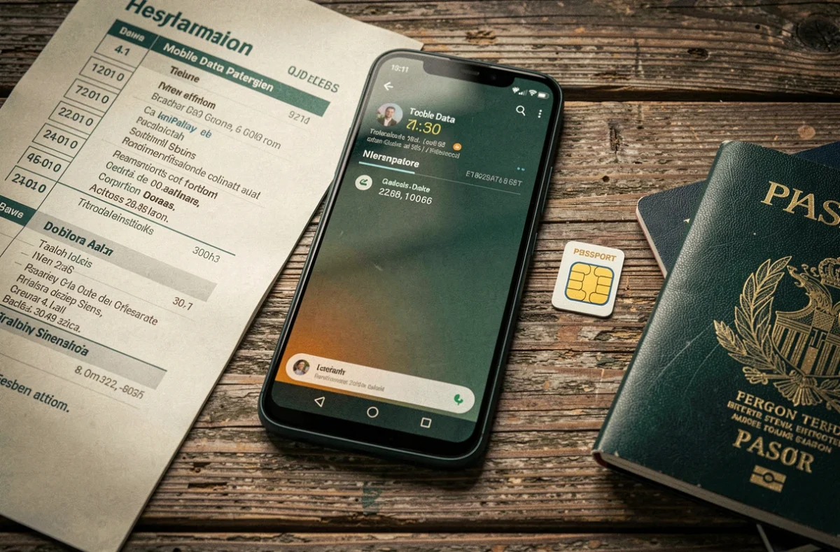Carte SIM, passeport et smartphone posés sur un bureau pour préparer un long voyage à l'étranger