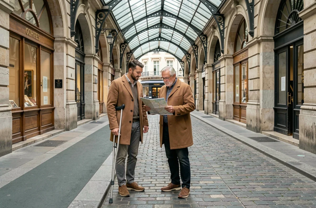 Deux hommes dont un avec béquille consultant un plan dans une galerie parisienne accessible aux personnes à mobilité réduite