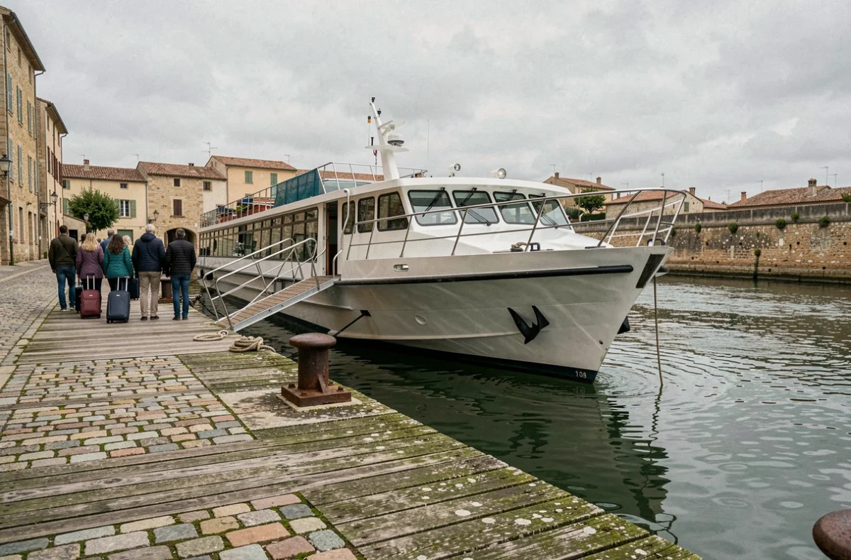 Quai historique d'Arles avec un bateau de croisière fluviale amarré et des passagers embarquant sur le Rhône