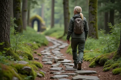 Femme contemplative en randonnée dans la forêt