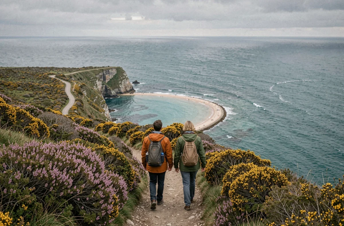 Couple en randonnée sur un sentier côtier breton dominant une baie cachée et déserte aux eaux turquoise