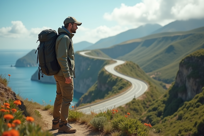 randonneur-coastal-road Homme en randonnée sur une route côtière célèbre
