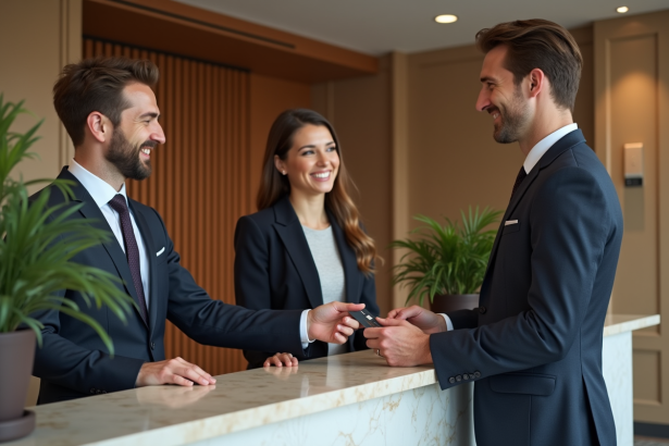 Réceptionniste élégant donnant une clé à un couple dans un lobby moderne