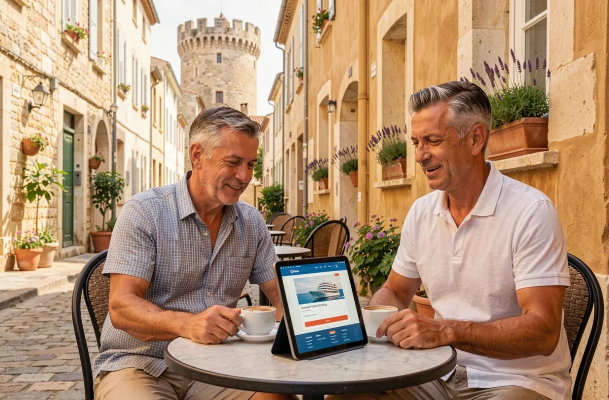 Couple réservant une croisière sur tablette en terrasse de café dans le centre historique d'Aigues-Mortes