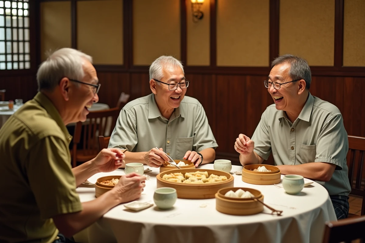 Repas traditionnel de dim sum cantonais dans un restaurant authentique de Guangzhou avec des clients locaux âgés