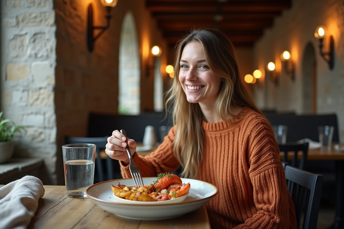 Femme savourant un repas gastronomique aux saveurs locales dans un restaurant typique du centre historique de Guérande