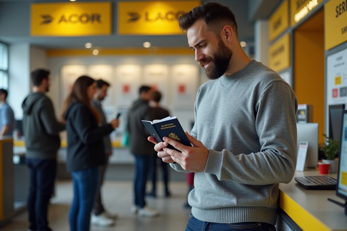 Homme récupérant son passeport et consultant son téléphone dans un bureau de poste