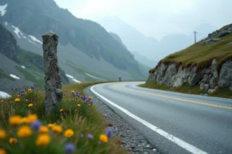 Route sinueuse du Col du Petit-Saint-Bernard en été avec prairies alpines et sommets enneigés en arrière-plan