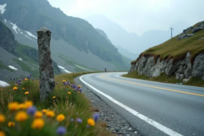 Route sinueuse du Col du Petit-Saint-Bernard en été avec prairies alpines et sommets enneigés en arrière-plan