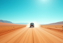 Route poussiereuse en Namibie avec 4x4 au loin