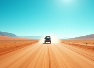 Route poussiereuse en Namibie avec 4x4 au loin