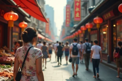 Rue commerçante animée de Beijing Road à Guangzhou avec des passants locaux et des façades de boutiques chinoises traditionnelles