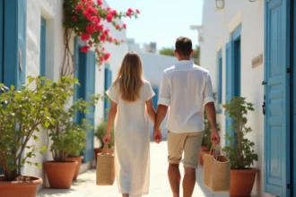 Couple se promenant dans une ruelle blanchie à la chaux de Chalki, île grecque du Dodécanèse, avec des portes bleues et des bougainvilliers