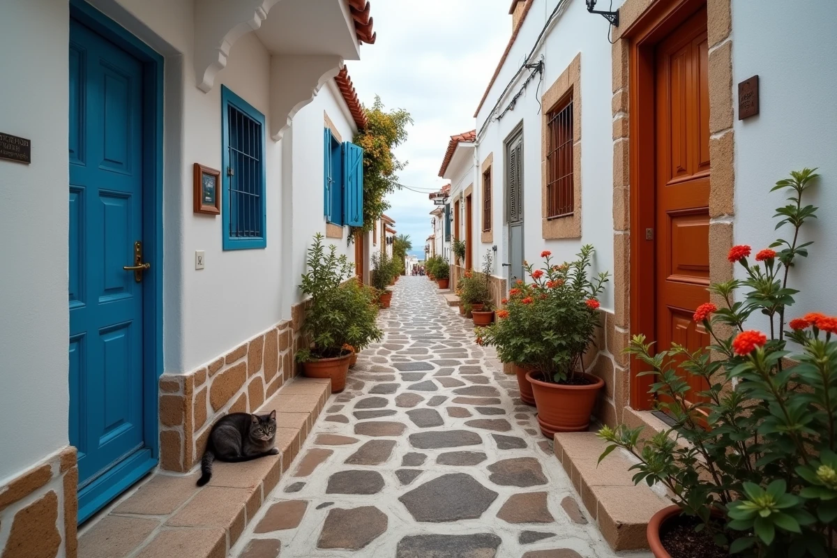 Ruelle pavée déserte de Chora à Kythira en automne, avec des maisons traditionnelles aux volets délavés et un chat gris assoupi
