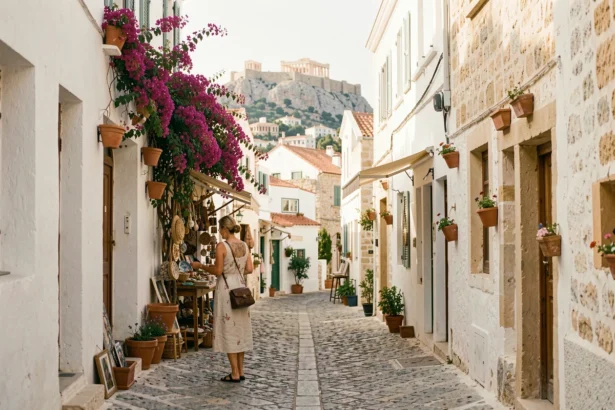 Ruelle pavée du quartier Plaka à Athènes avec des maisons blanchies à la chaux et l'Acropole en arrière-plan