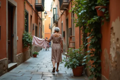Femme italienne suspendant du linge dans une ruelle pittoresque du quartier Trastevere à Rome