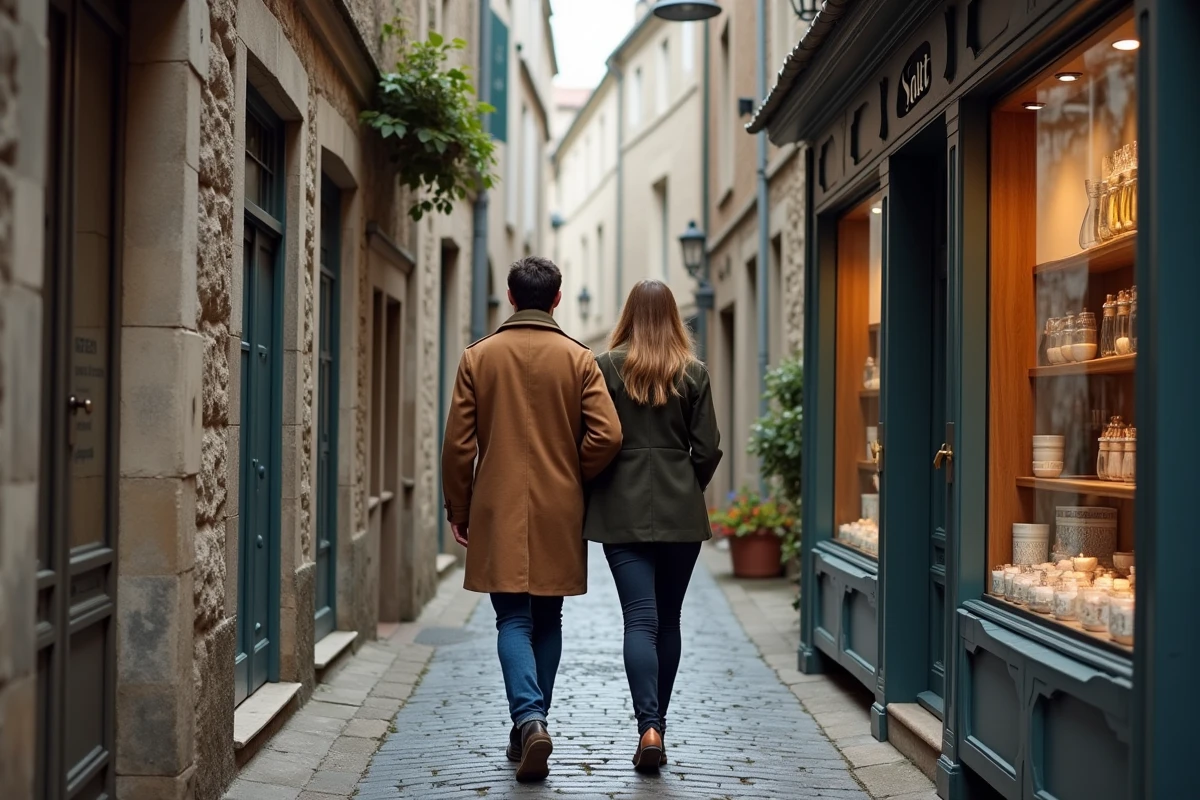 Couple explorant les ruelles pavées et les boutiques artisanales de la cité médiévale de Guérande en automne