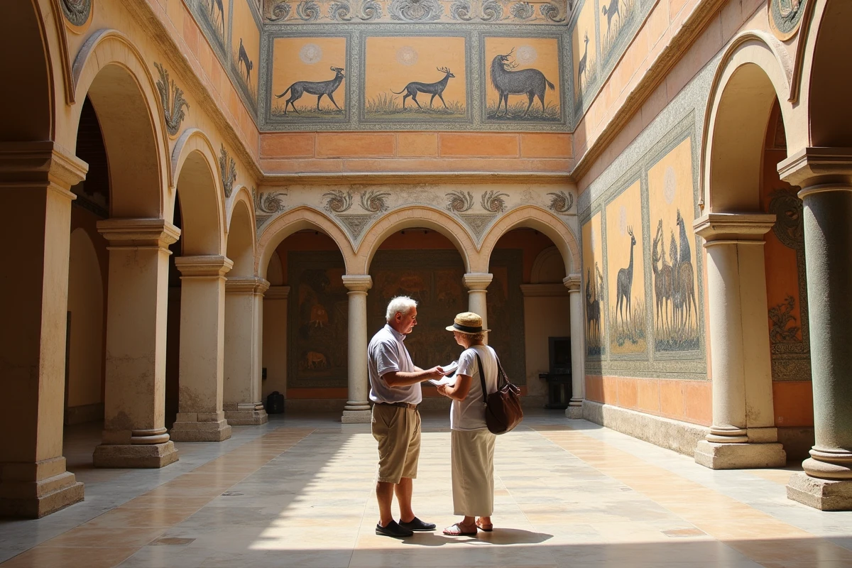 Salle de Roger du Palais des Normands à Palerme avec ses célèbres mosaïques de chasse normandes, arcs en plein cintre et sol en marbre poli