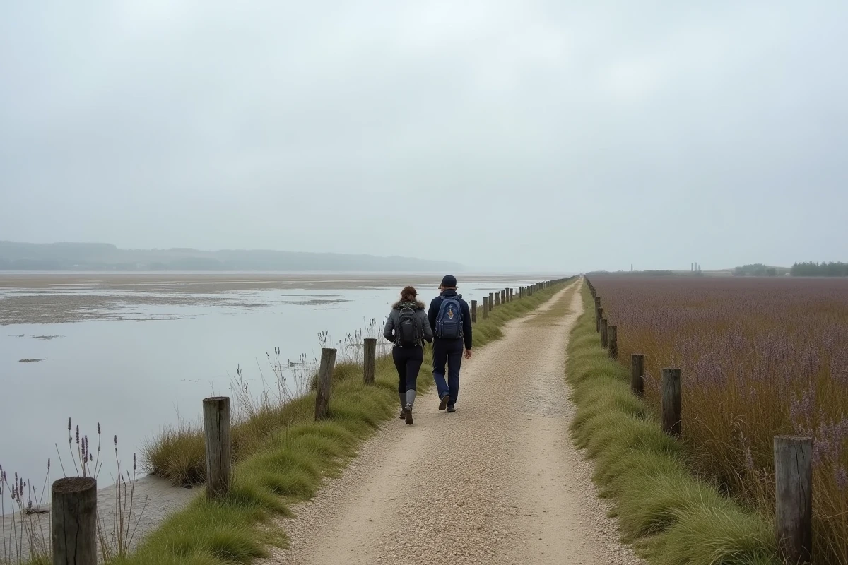 Couple se promenant sur le sentier longeant les marais côtiers de Pennedepie, paysage sauvage et préservé du Calvados en Normandie