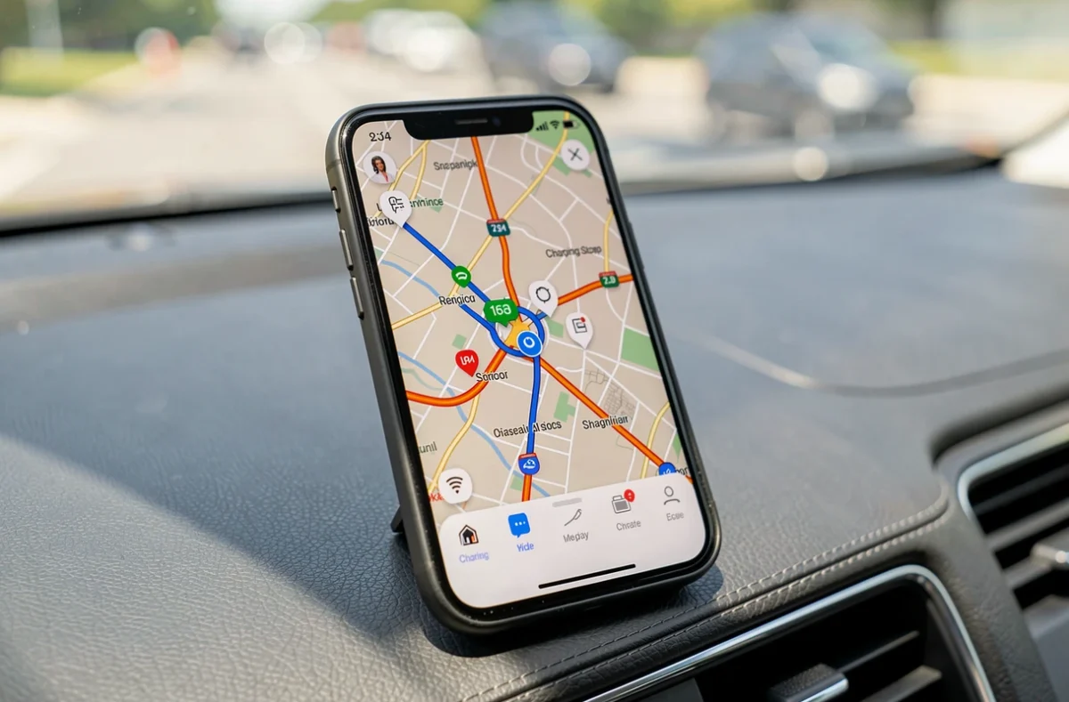 Smartphone affichant une carte de bornes de recharge sur le tableau de bord
