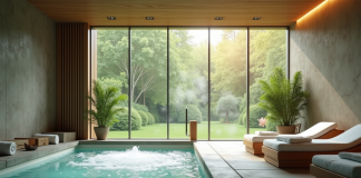 Spa intérieur moderne avec grande fenetre et vue verte