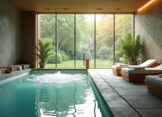 Spa intérieur moderne avec grande fenetre et vue verte