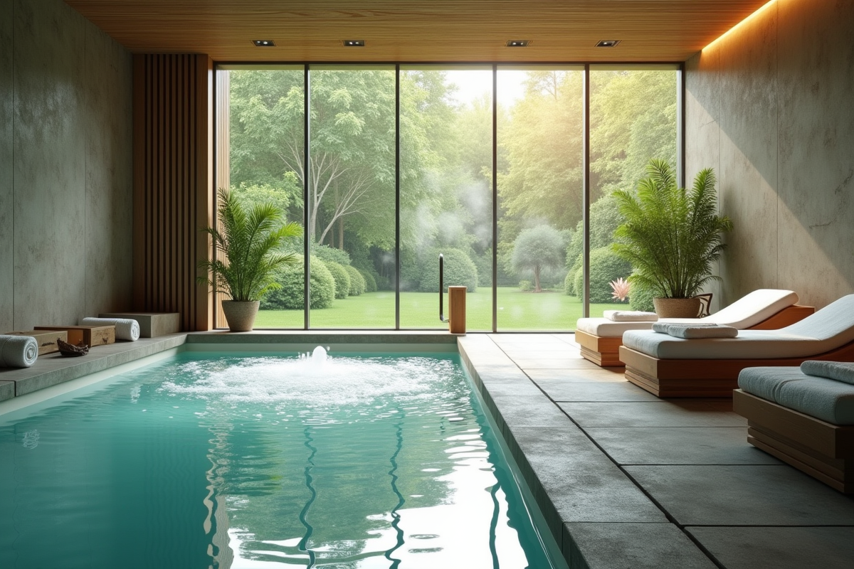 Spa intérieur moderne avec grande fenetre et vue verte