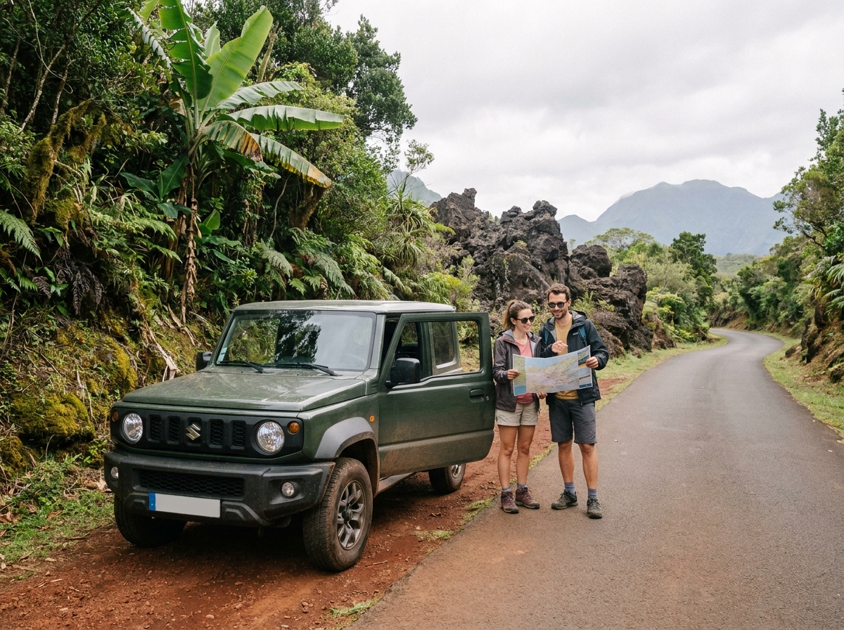 Couple en road trip à La Réunion debout près d'un SUV compact sur une route sinueuse entourée de végétation tropicale et de roches volcaniques