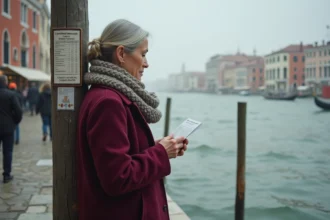 Touriste consultant le tarif du vaporetto sur un ponton à Venise en hiver avec le Grand Canal en arrière-plan