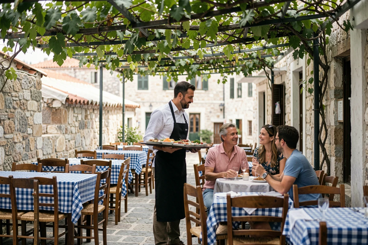 Terrasse de taverne grecque traditionnelle dans le quartier Plaka d'Athènes avec décoration authentique