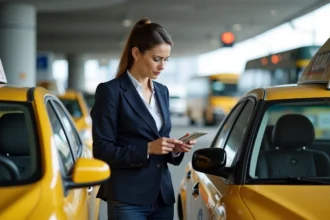 Femme payant un taxi jaune à l'aéroport JFK de New York, illustrant les coûts cachés du transport aéroport