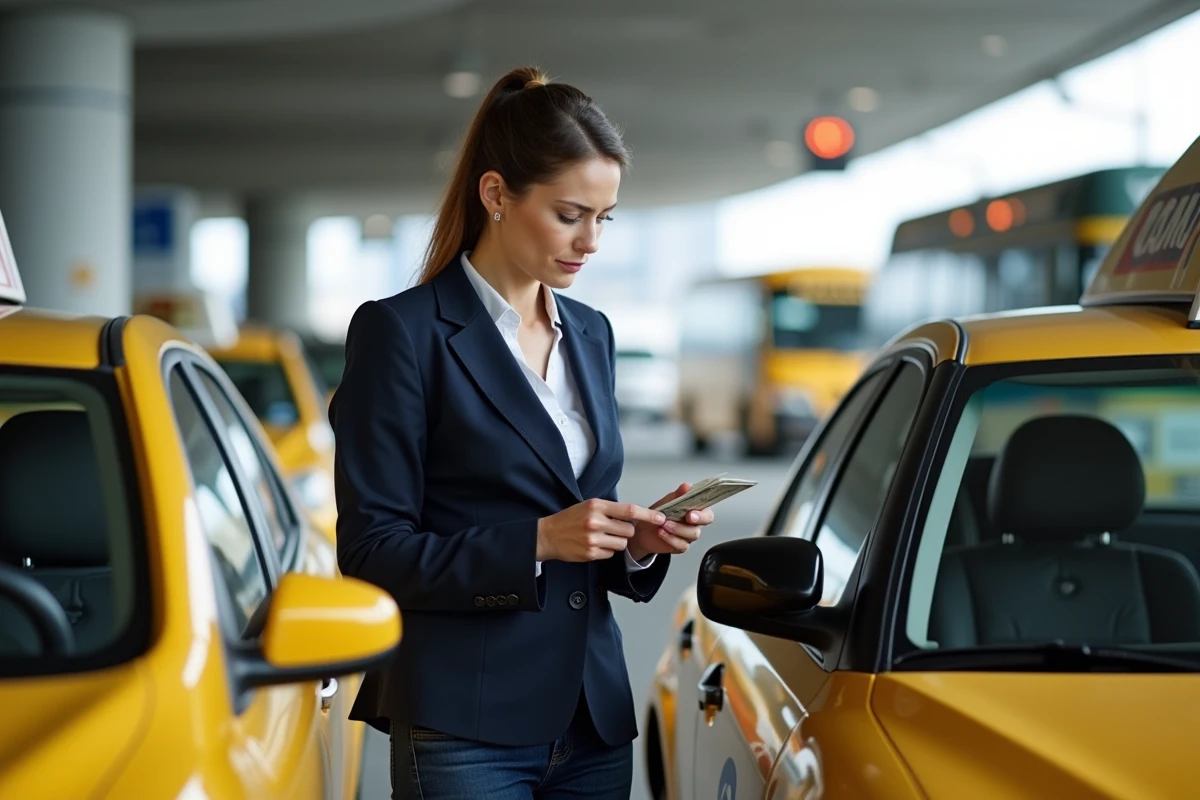 Femme payant un taxi jaune à l'aéroport JFK de New York, illustrant les coûts cachés du transport aéroport