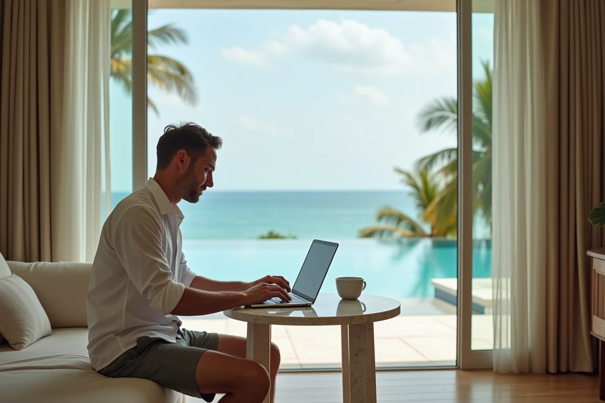 Homme en télétravail dans une suite de luxe avec piscine à débordement dans un hôtel haut de gamme en Guadeloupe