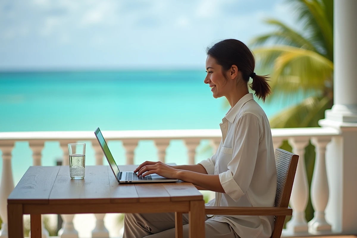 Femme en télétravail sur une terrasse de villa de luxe en Guadeloupe avec vue sur la mer des Caraïbes
