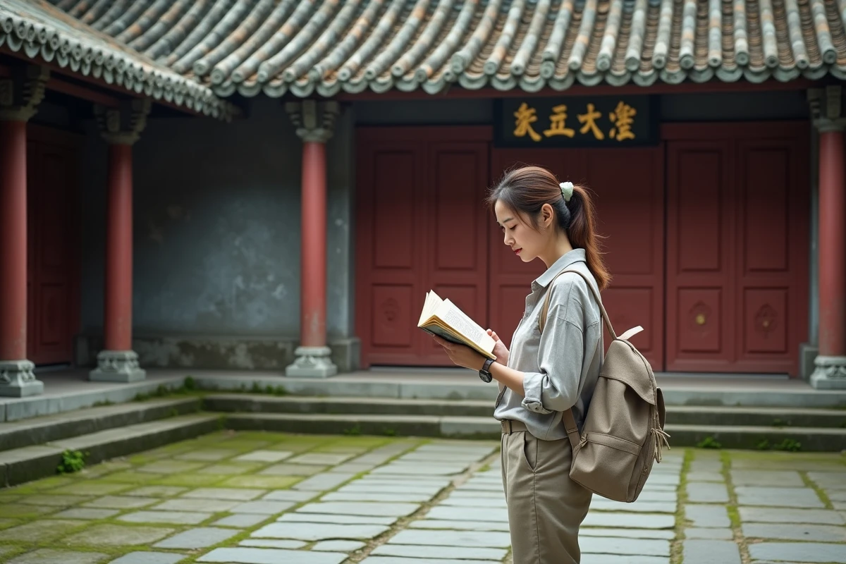 Cour intérieure du Temple des Ancêtres du Clan Chen à Guangzhou avec une voyageuse occidentale admirant les sculptures traditionnelles