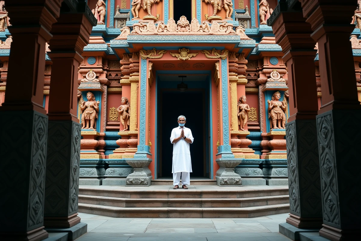 Fidèle en tenue traditionnelle devant l'entrée sculptée du temple Sri Mahamariamman à Kuala Lumpur