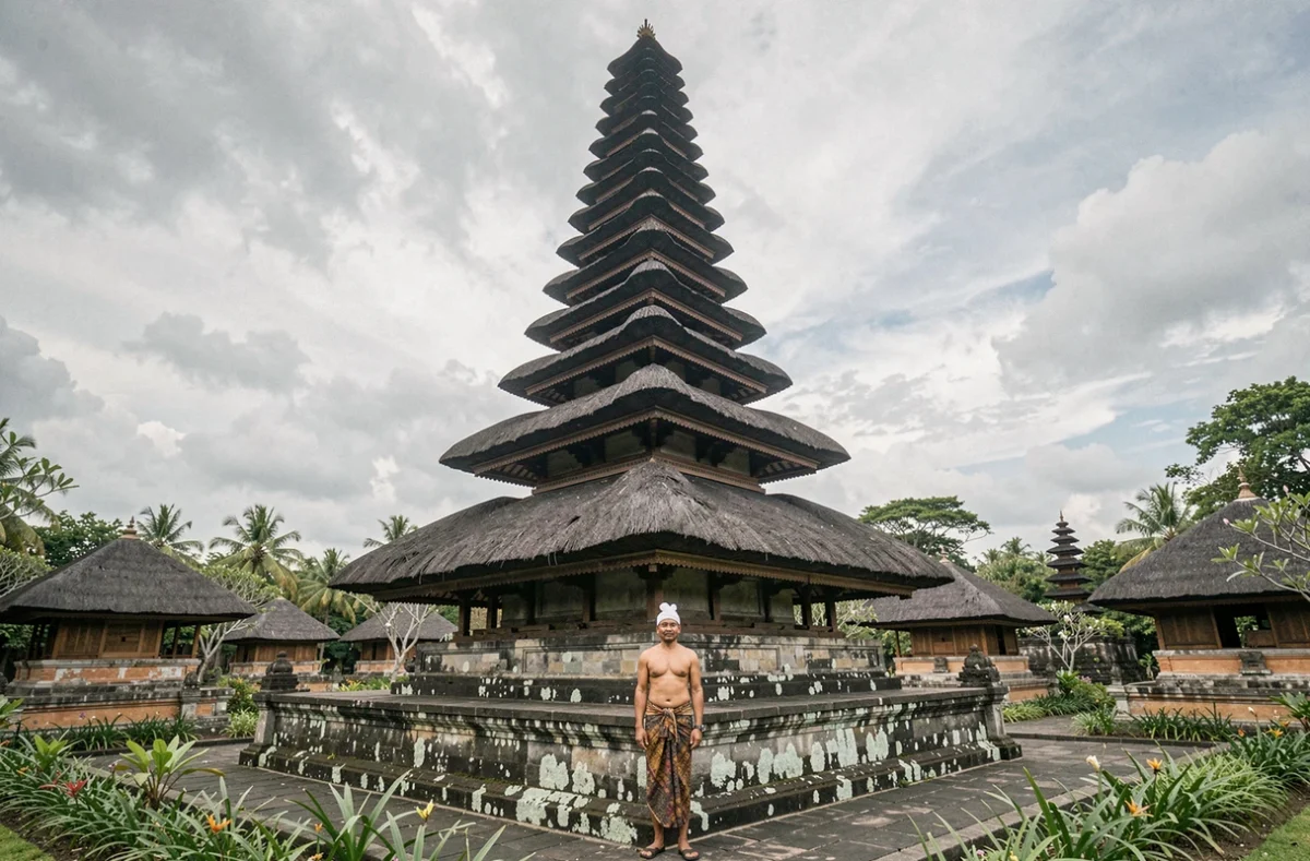 Vue en contre-plongée des tours meru du temple Taman Ayun à Bali, avec un homme en tenue traditionnelle balinaise au premier plan