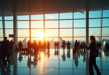Terminal aéroport international avec voyageurs et avions